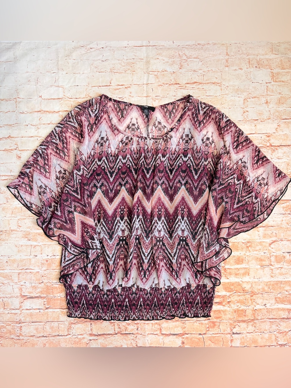 Iz Byer Pink Chevron Flutter Sleeve Blouse